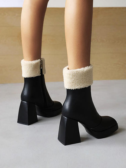 Women's Booties Pu Leather Square Toe Side Zippers Floppy Block Chunky Heel Platform Short Boots