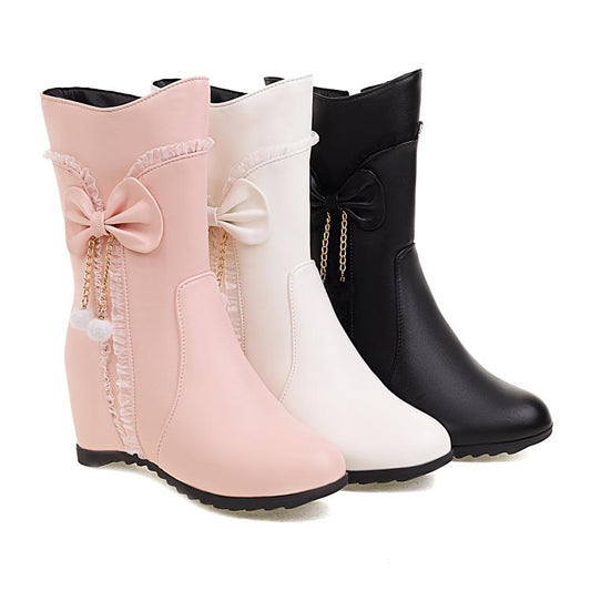Women's Pu Leather Round Toe Side Zippers Bow Tie Pearls Inside Heighten Ankle Boots