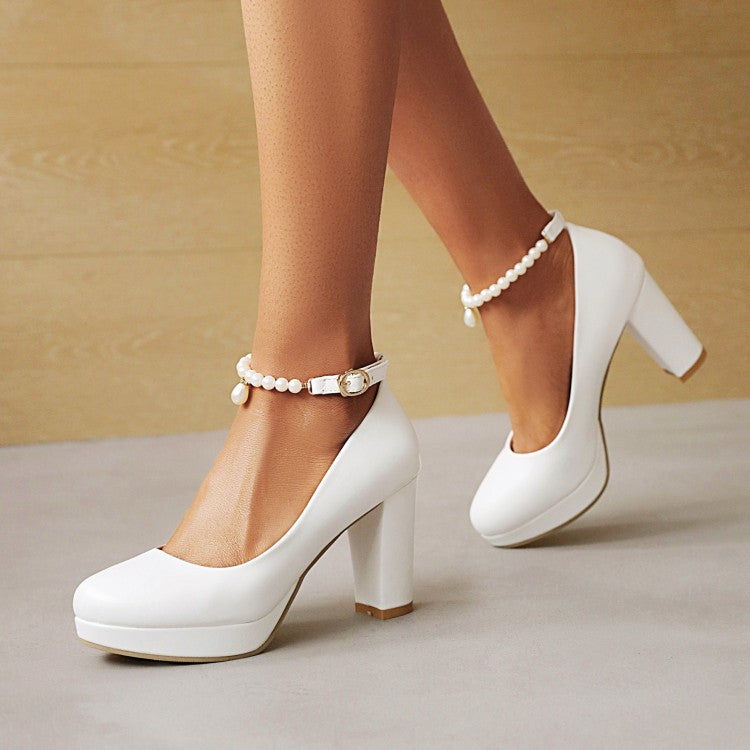 Women's Pearls Ankle Strap Shallow Block Heel Platform Pumps