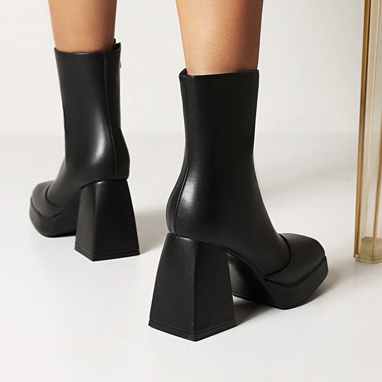 Women's Booties Pu Leather Square Toe Zippers Block Chunky Heel Platform Short Boots