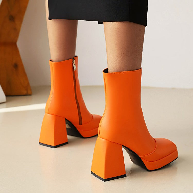 Women's Booties Pu Leather Square Toe Zippers Block Chunky Heel Platform Short Boots