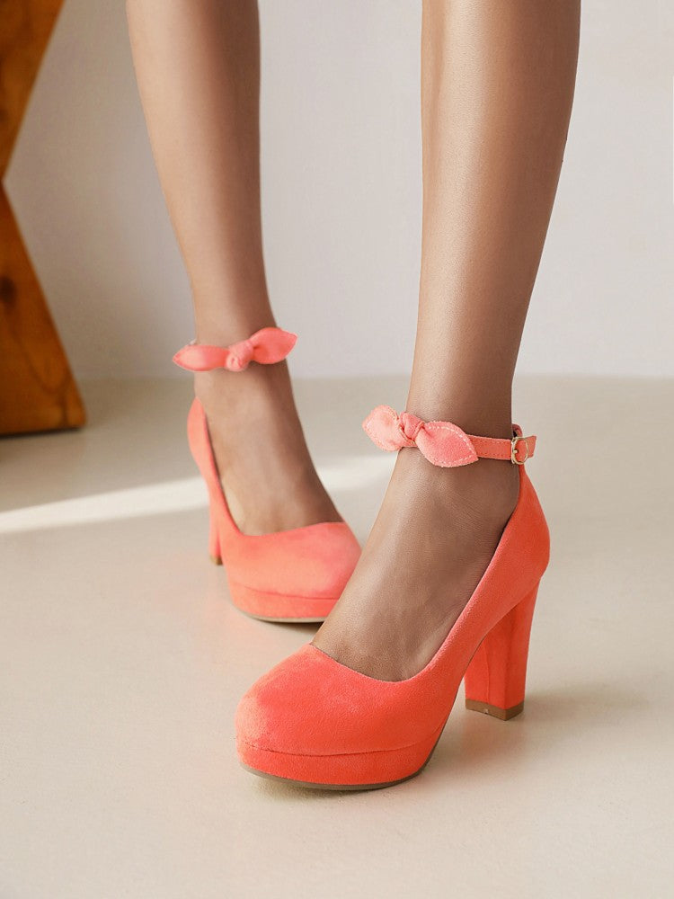 Women's Shallow Bow Tie Ankle Strap Block Heel Platform Pumps