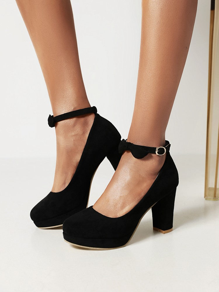 Women's Shallow Bow Tie Ankle Strap Block Heel Platform Pumps