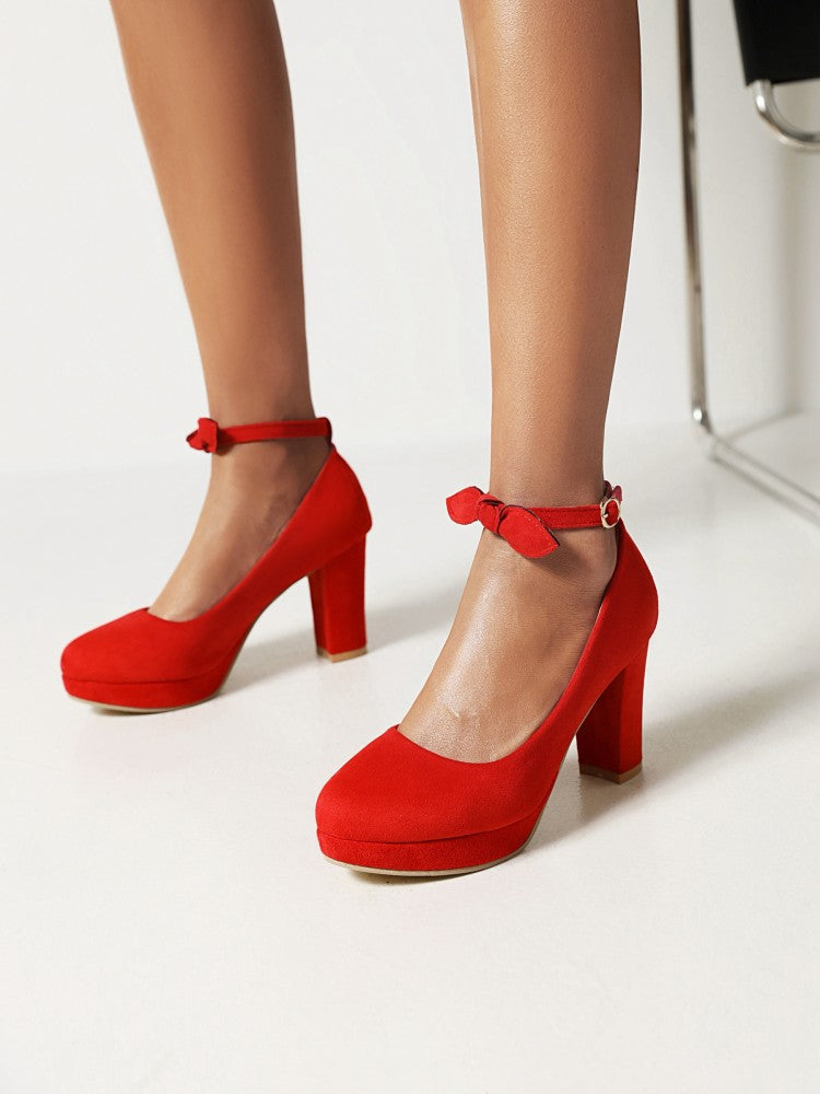 Women's Shallow Bow Tie Ankle Strap Block Heel Platform Pumps