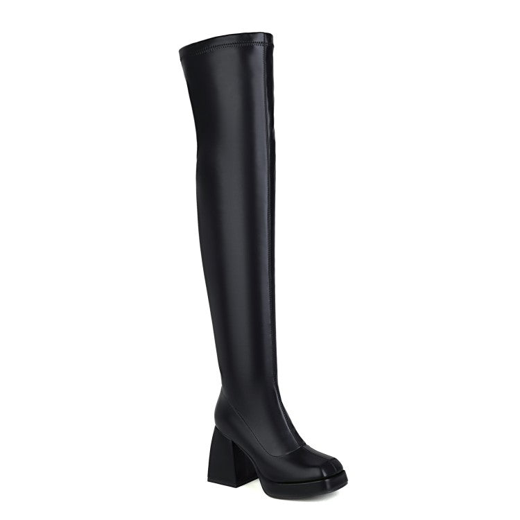 Women's Glossy Square Toe Side Zippers Block Chunky Heel Platform Over the Knee Boots