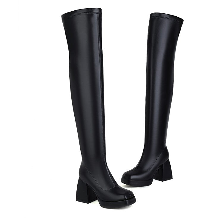 Women's Glossy Square Toe Side Zippers Block Chunky Heel Platform Over the Knee Boots
