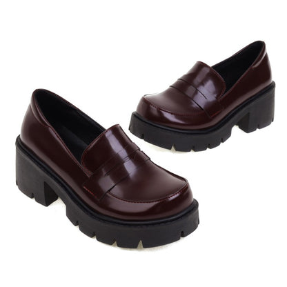 Women's Round Toe Shallow Block Chunky Heel Platform Loafers