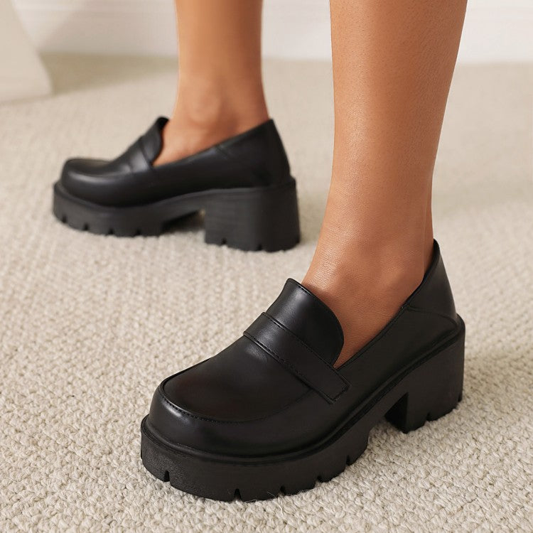 Women's Round Toe Shallow Block Chunky Heel Platform Loafers