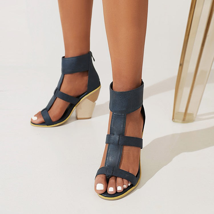 Women's Roman Gladiator Cutout Back Zippers Cone Heel Sandals