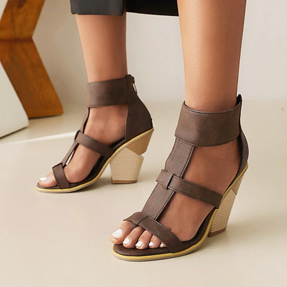 Women's Roman Gladiator Cutout Back Zippers Cone Heel Sandals