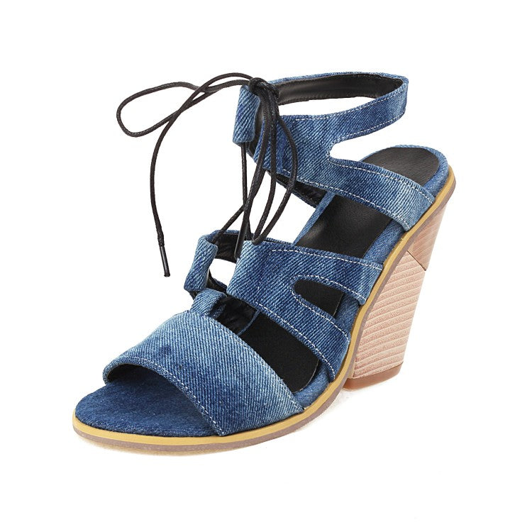 Women's Roman Gladiator Denim Tied Straps Cone Heel Sandals