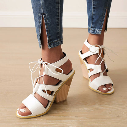 Women's Roman Gladiator Denim Tied Straps Cone Heel Sandals