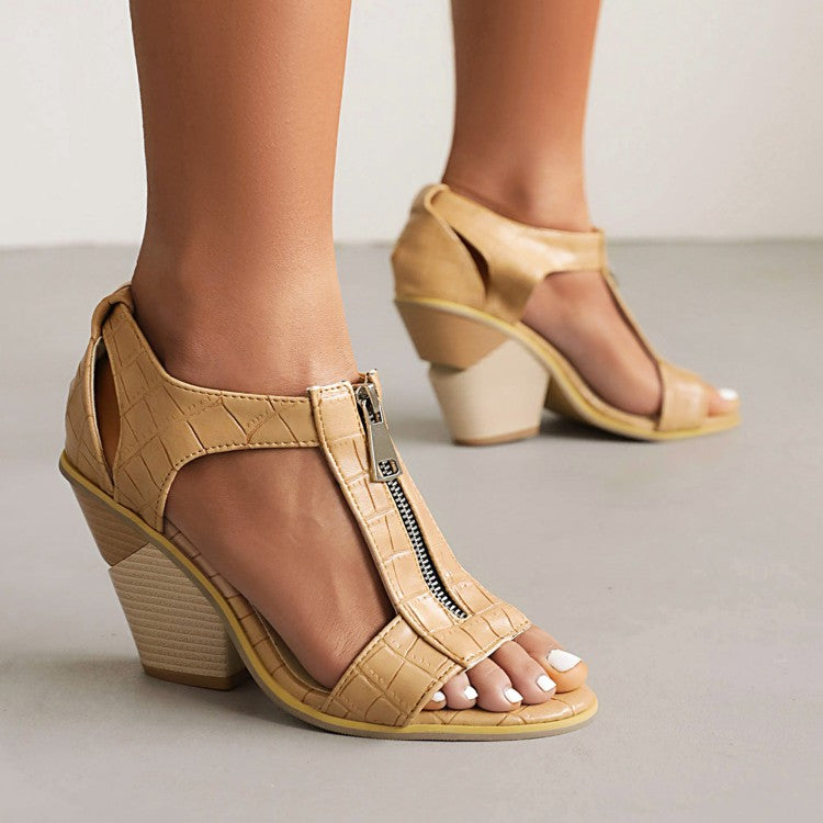 Women's Open Toe Zippers Cutout Cone Heel Sandals