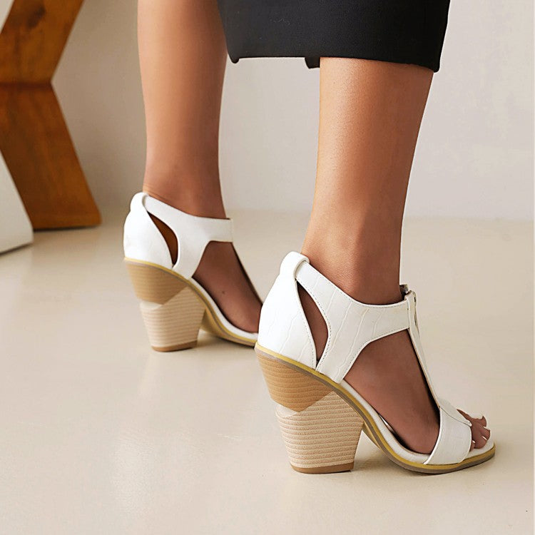 Women's Open Toe Zippers Cutout Cone Heel Sandals