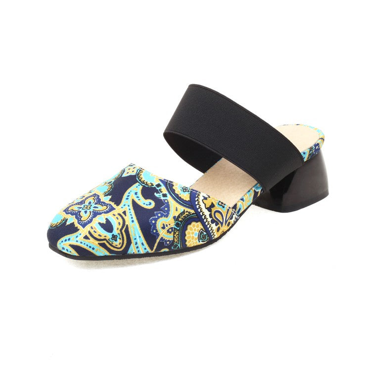 Women's Ethnic Stretch Block Chunky Heel Slides