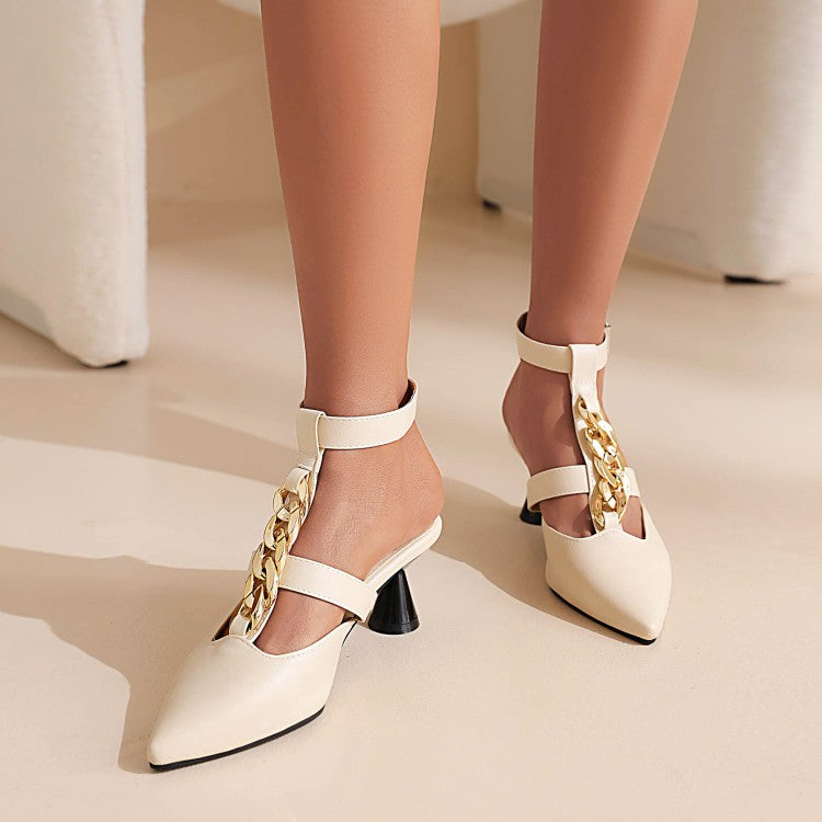 Women's Metal Chains Pointed Toe Buckle Straps Spool Heel Sandals