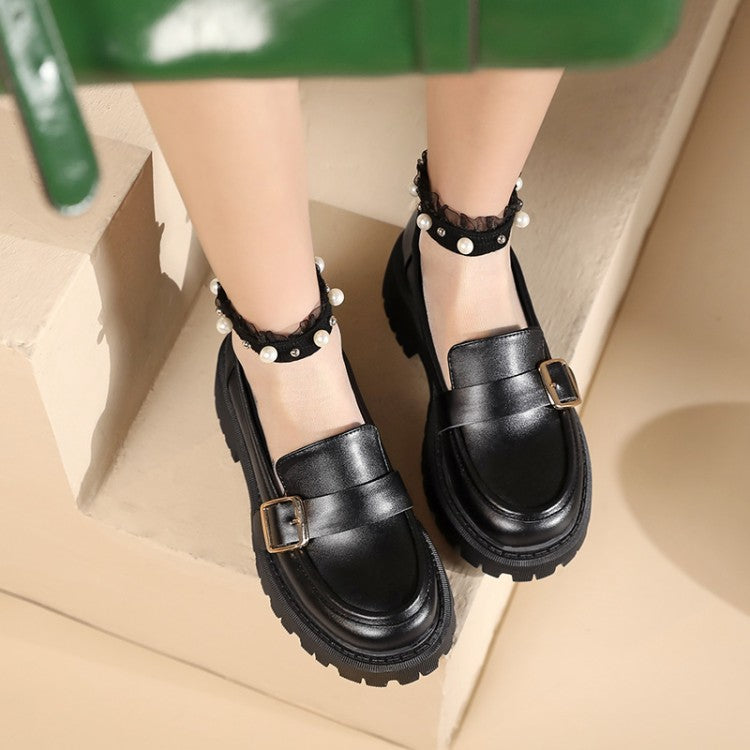 Women's Round Toe Buckle Straps Platform Slip-On Loafers