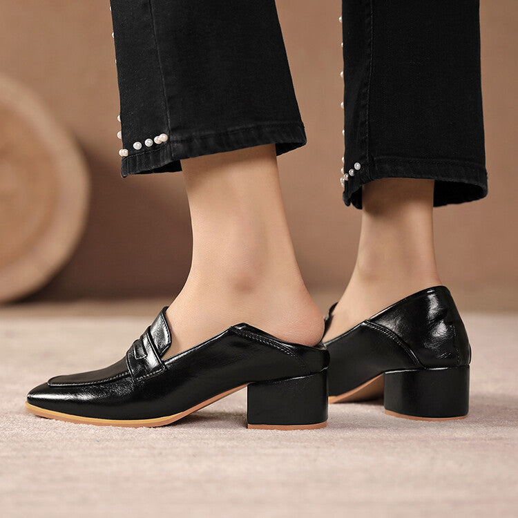 Women's Square Toe Shallow Block Heel Slip-On Loafers Loafers