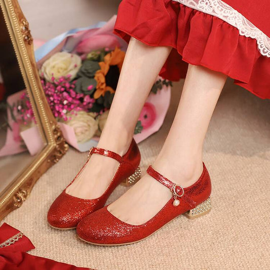 Women Sparkling Sequins Mary Janes Rhinestone Low Heel Pumps for Wedding