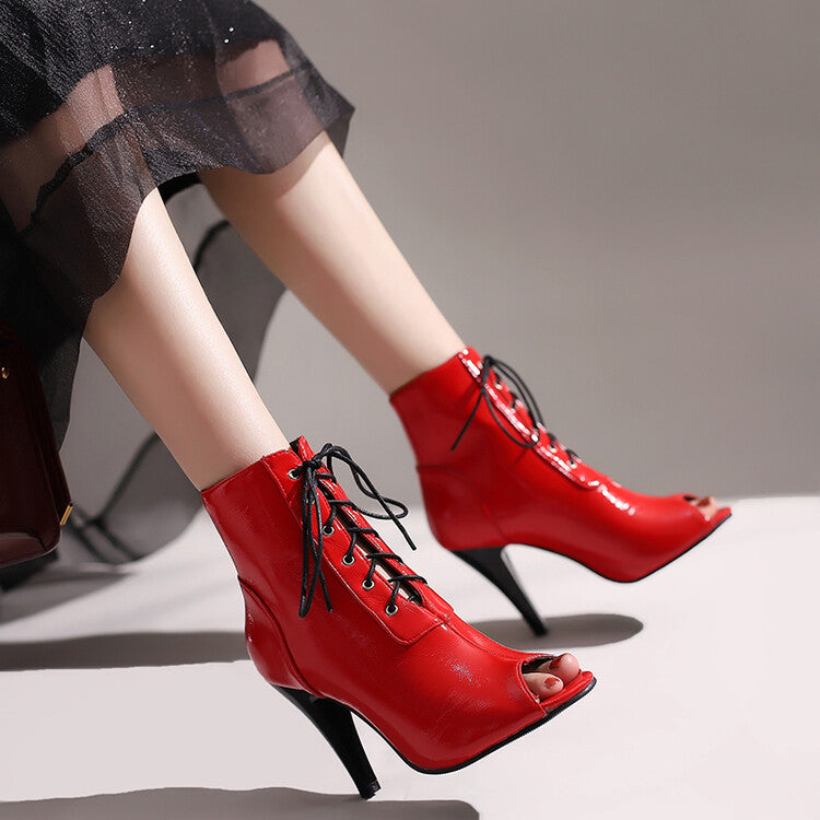 Women's Pu Leather Peep Toe Lace Up Cone Heel Short Boots