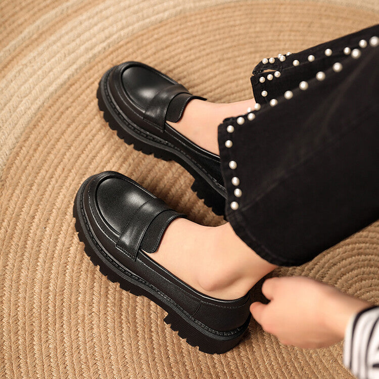 Women's Round Toe Stitch Platform Slip-On Loafers