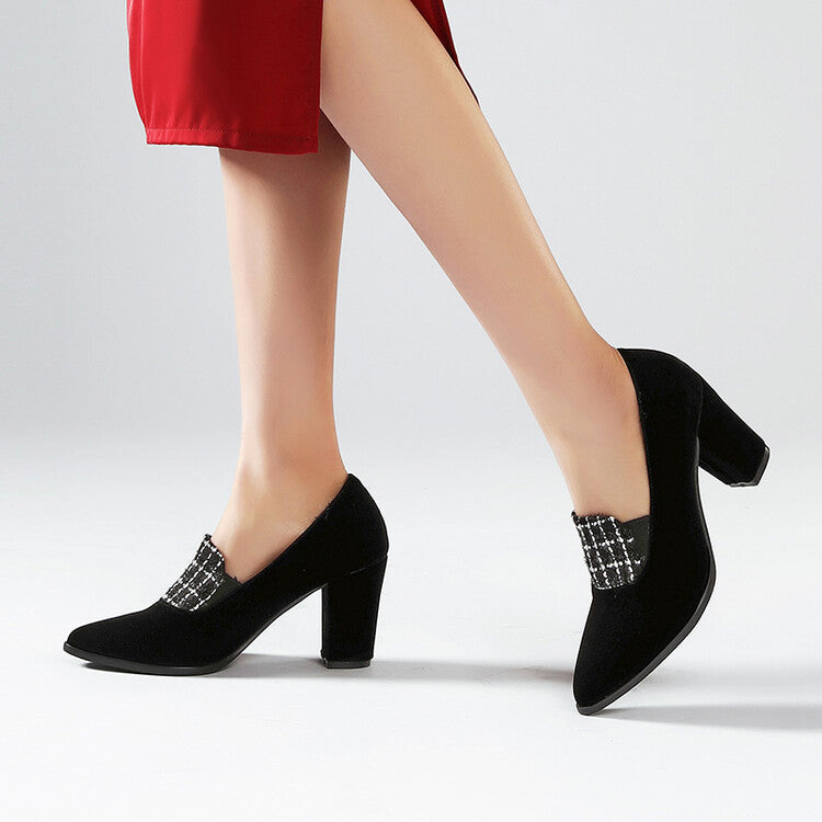 Women's Lattice Patchwork Shallow Chunky Heel Slip-On Loafers