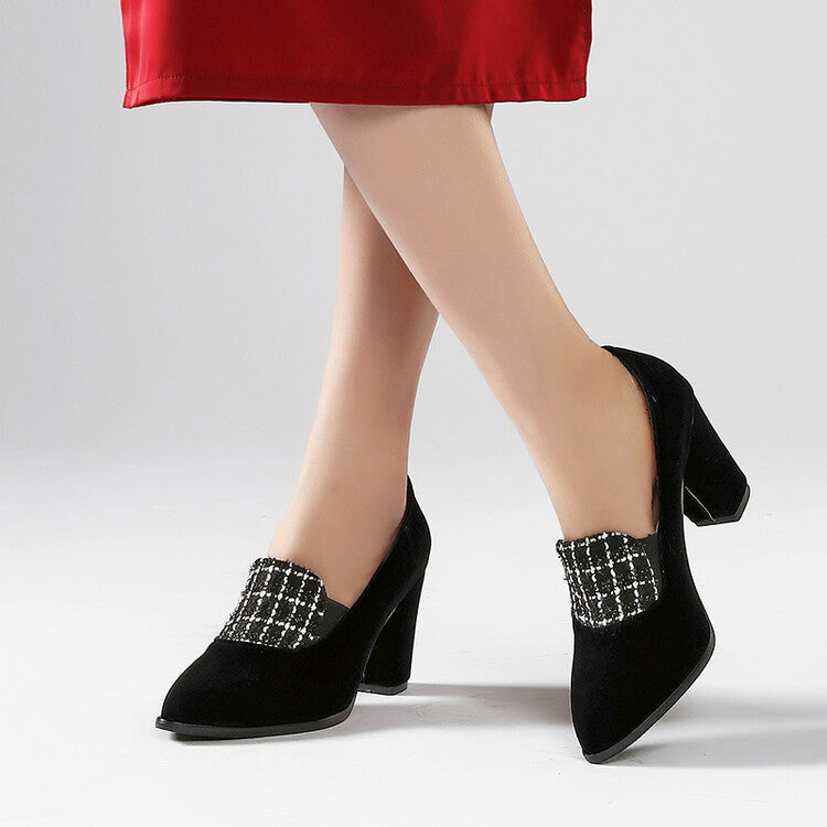 Women's Lattice Patchwork Shallow Chunky Heel Slip-On Loafers
