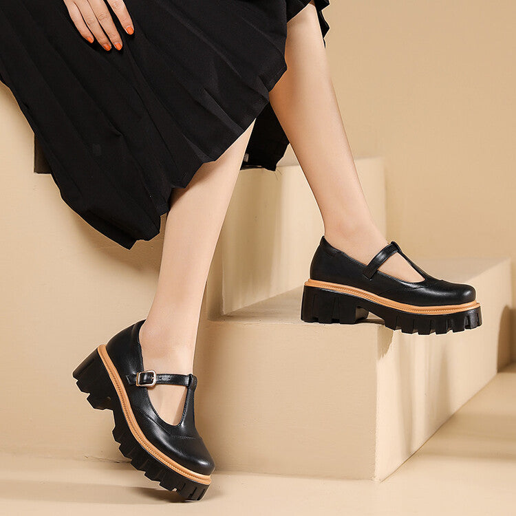 Women's Square Toe T Strap Chunky Heel Platform Loafers