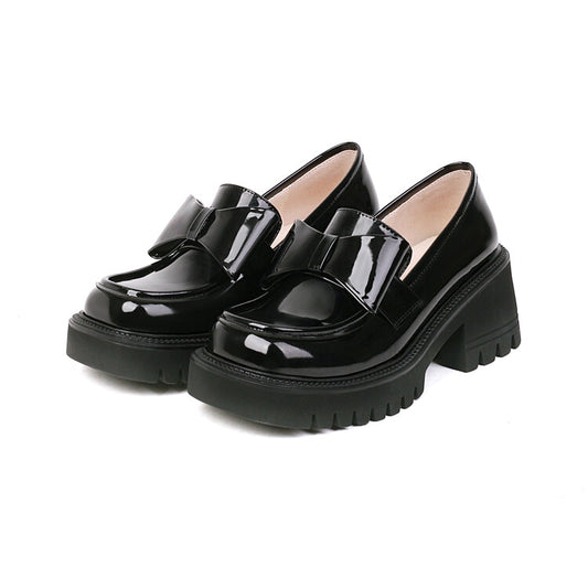Women's Square Toe Bow Tie Shallow Block Chunky Heel Platform Loafers