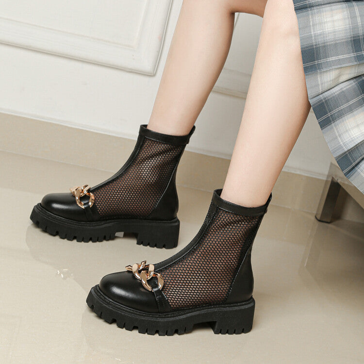 Women's Pu Leather Round Toe Metal Chains Mesh Back Zippers Block Chunky Heel Platform Ankle Boots