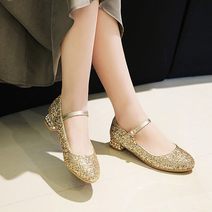 Women's Sparkling Sequins Shallow Mary Janes Rhinestone Flat Pumps