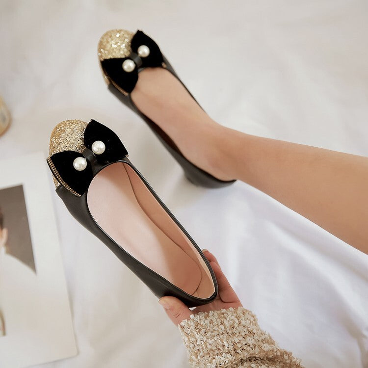 Women's Sequins Pearls Bow Tie Shallow Flat Pumps