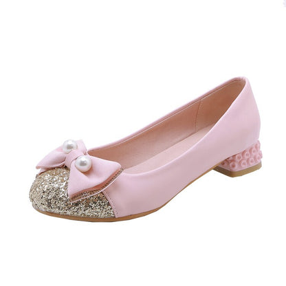 Women's Sequins Pearls Bow Tie Shallow Flat Pumps