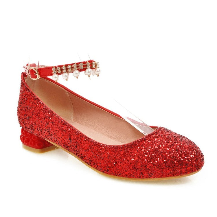 Women's Sparkling Sequins Pearls Shallow Ankle Strap Flat Pumps