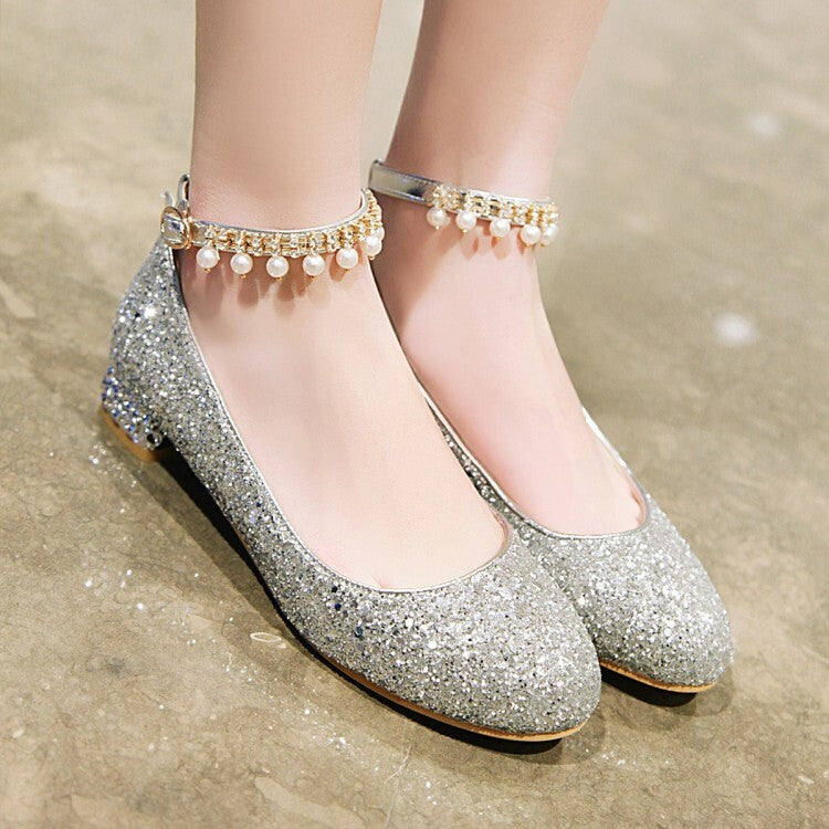 Women's Sparkling Sequins Pearls Shallow Ankle Strap Flat Pumps