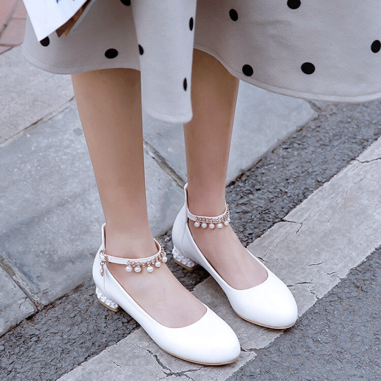 Women's Round Toe Shallow Pearls Ankle Strap Flat Pumps