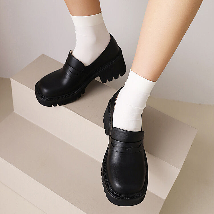 Women's Square Toe Block Chunky Heel Platform Loafers