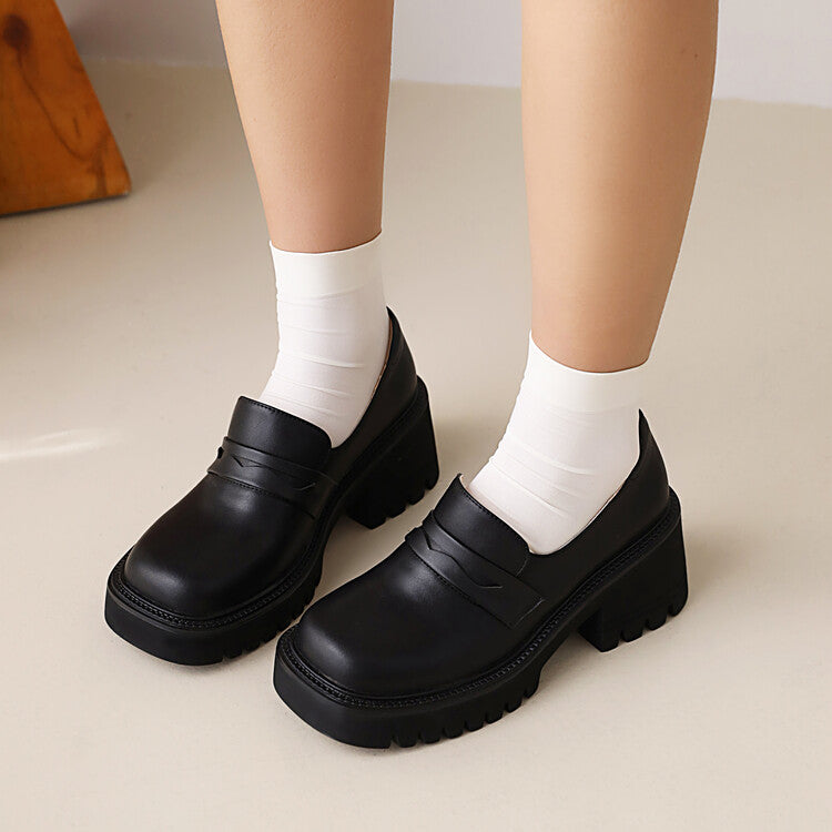Women's Square Toe Block Chunky Heel Platform Loafers