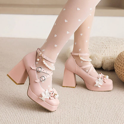 Women's Lolita Square Toe Lace Bow Tie Pearls Chunky Heel Platform Pumps