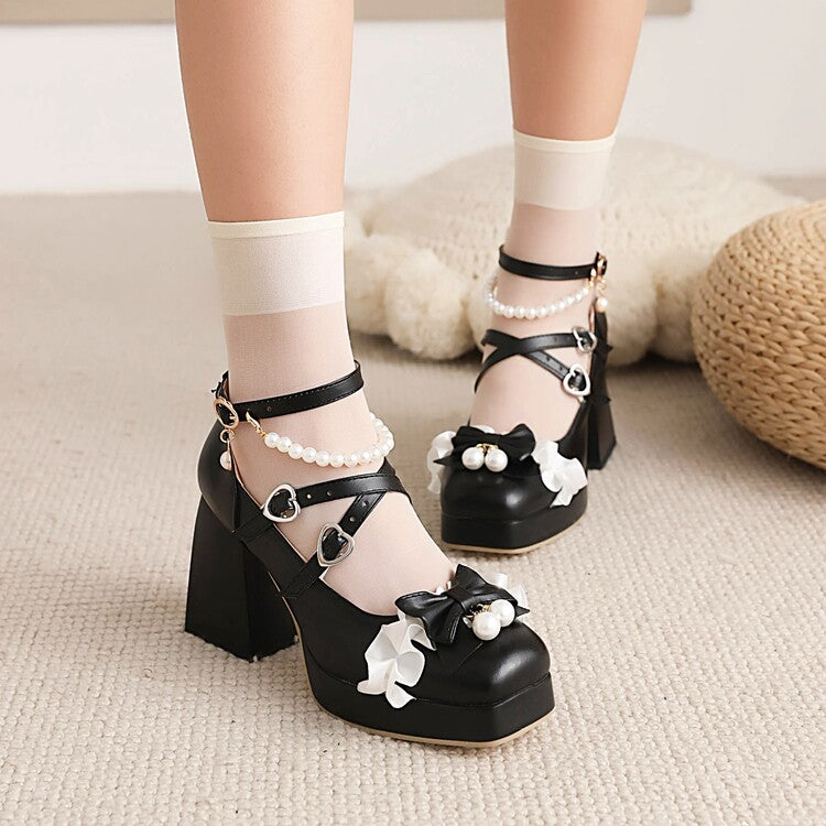 Women's Lolita Square Toe Lace Bow Tie Pearls Chunky Heel Platform Pumps