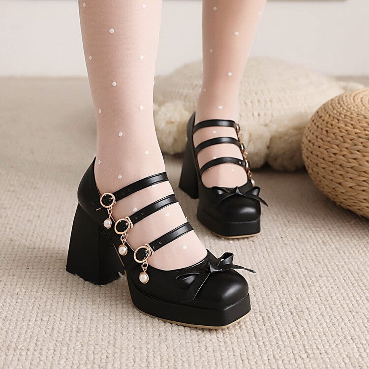 Women's Square Toe Bow Tie Pearls Block Heel Platform Pumps