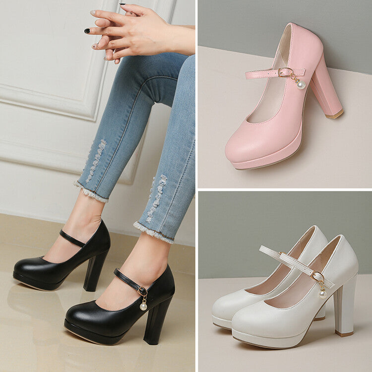 Women Buckle Shallow Mary Jane Chunky Heel Platform Pumps