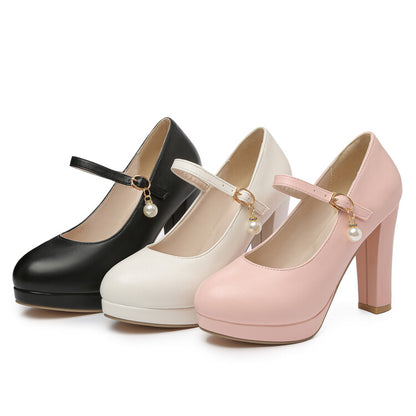 Women Buckle Shallow Mary Jane Chunky Heel Platform Pumps