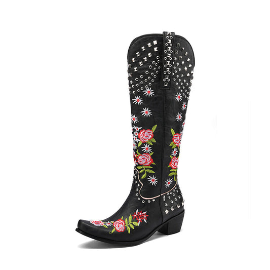 Women's Embroidery Rivets Puppy Heel Cowboy Knee High Boots
