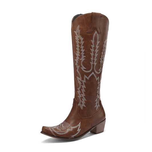 Women's Embroidery Puppy Heel Cowboy Knee High Boots