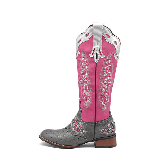 Women's Embroidery Puppy Heel Cowboy Knee High Boots