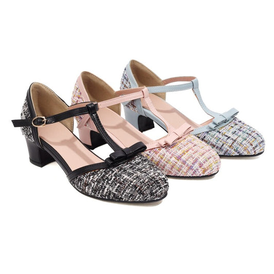 Women's Lattice Fabric Bow Tie T Strap Block Chunky Heel Sandals