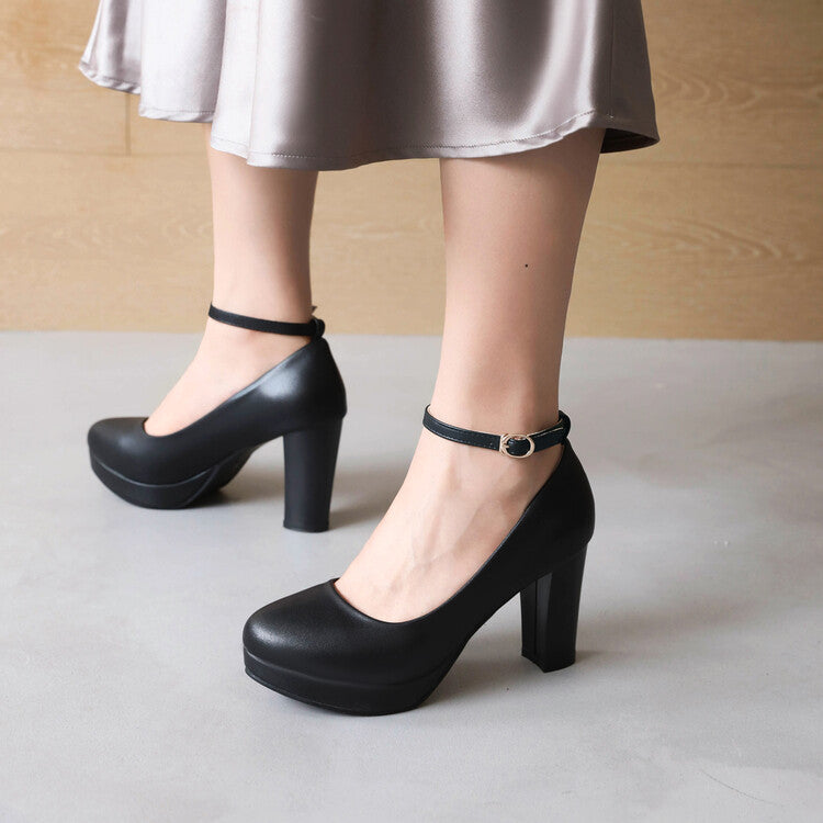 Women's Shallow Ankle Strap Block Chunky Heel Platform Pumps