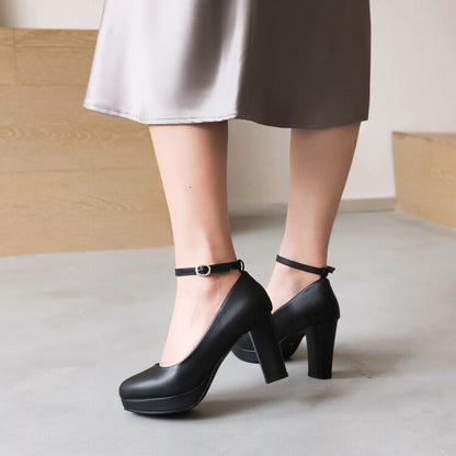 Women's Shallow Ankle Strap Block Chunky Heel Platform Pumps