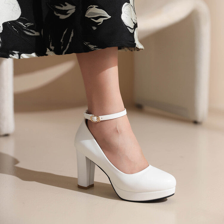 Women's Shallow Ankle Strap Block Chunky Heel Platform Pumps